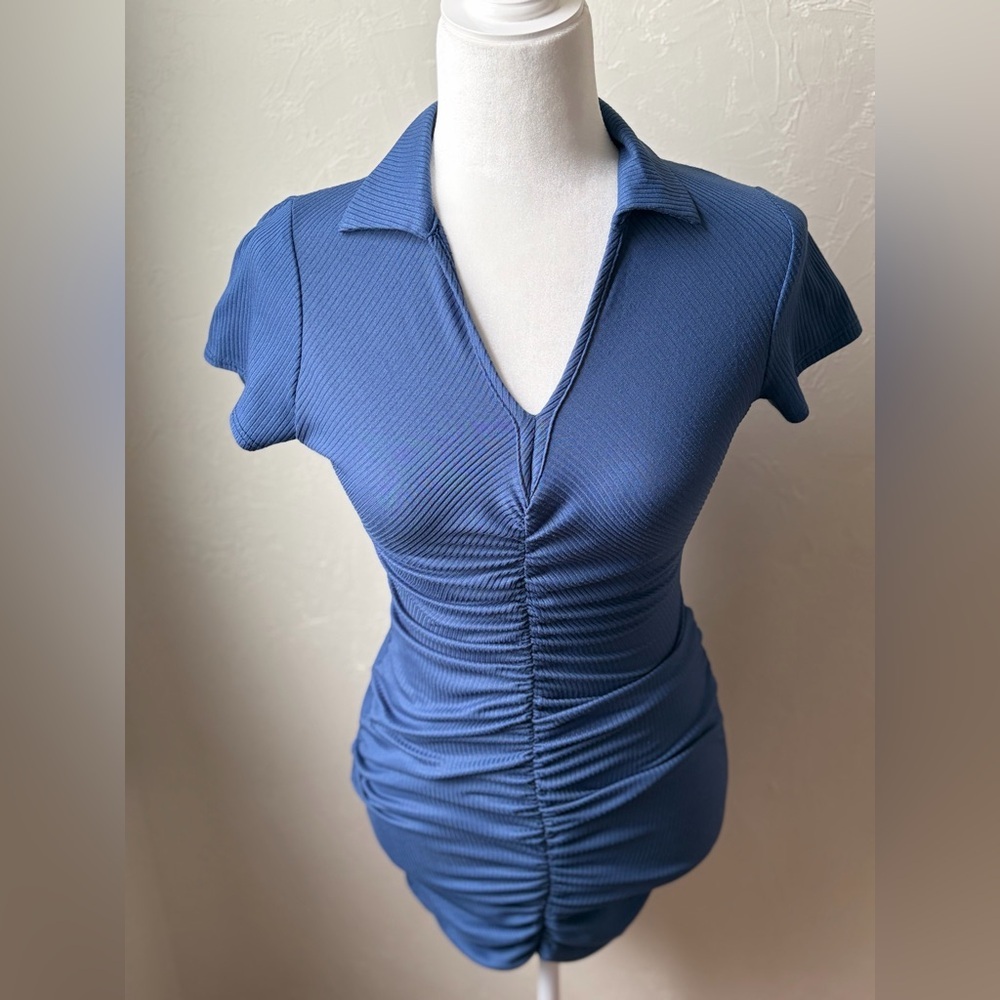 LIVI by Olivia Rae Ruched Ribbed Polo Mini Dress Blue XS - Picture 3 of 9